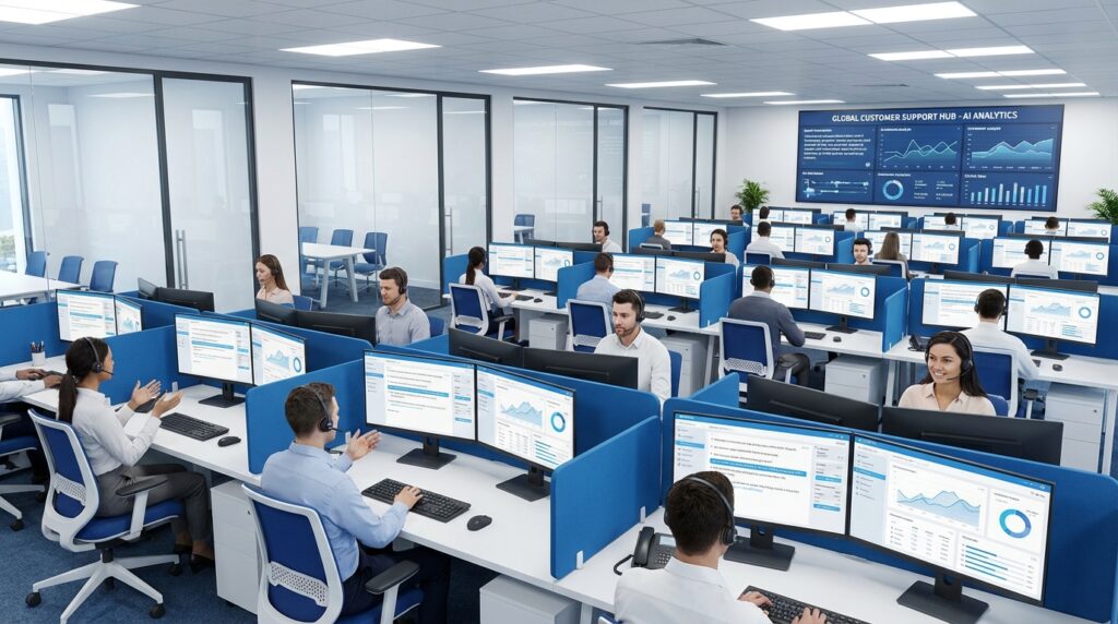 AI-powered call centre implementation showing real-time analytics and sentiment analysis dashboards