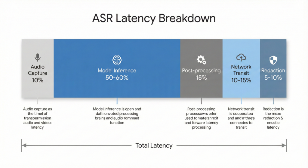 Components of real-time speech recognition latency breakdown showing model inference as primary bottleneck