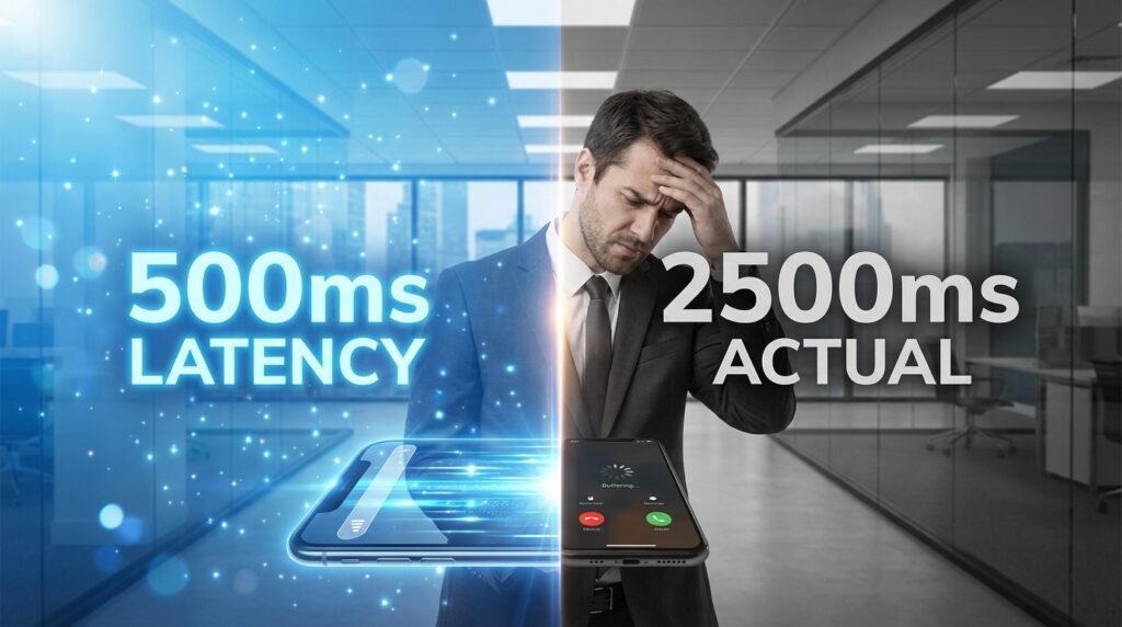 Voice AI latency comparison showing marketing claims of 500ms versus actual production performance of 2500ms