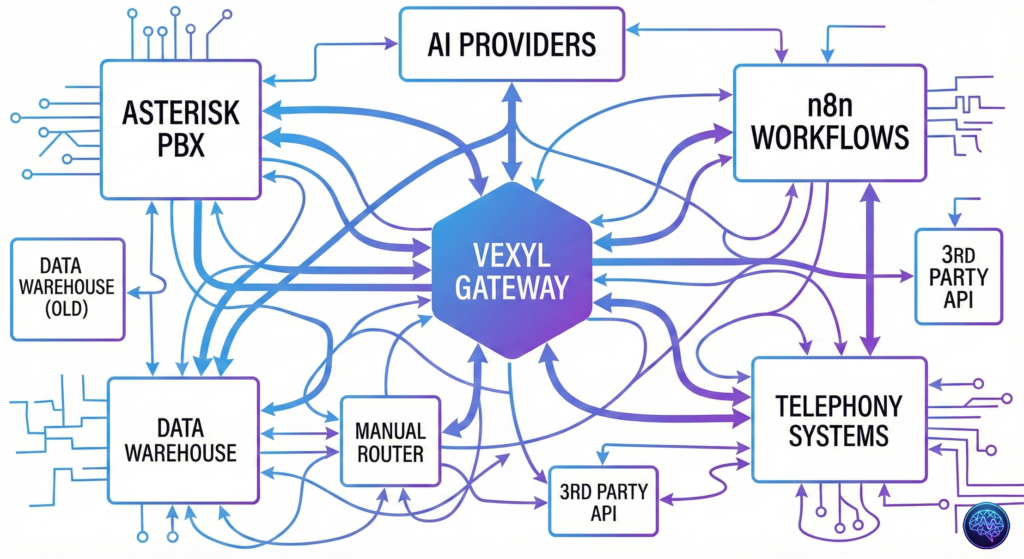 VEXYL AI gateway simplified architecture for n8n voice automation